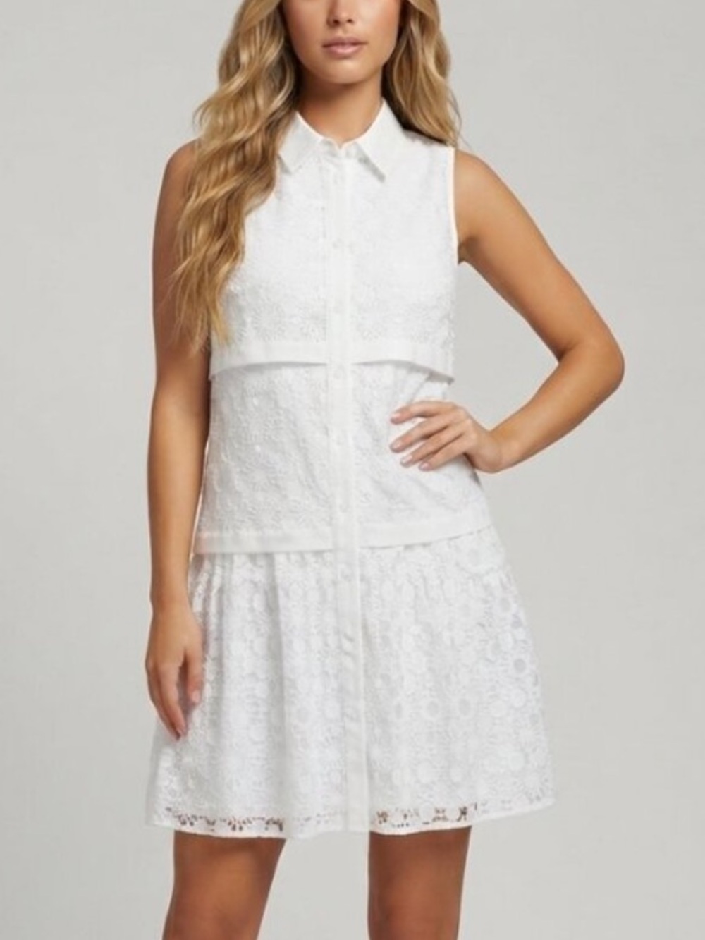 DKNY White Tiered Button Front Sleeveless Shirt Mini Dress Size 10 57042
